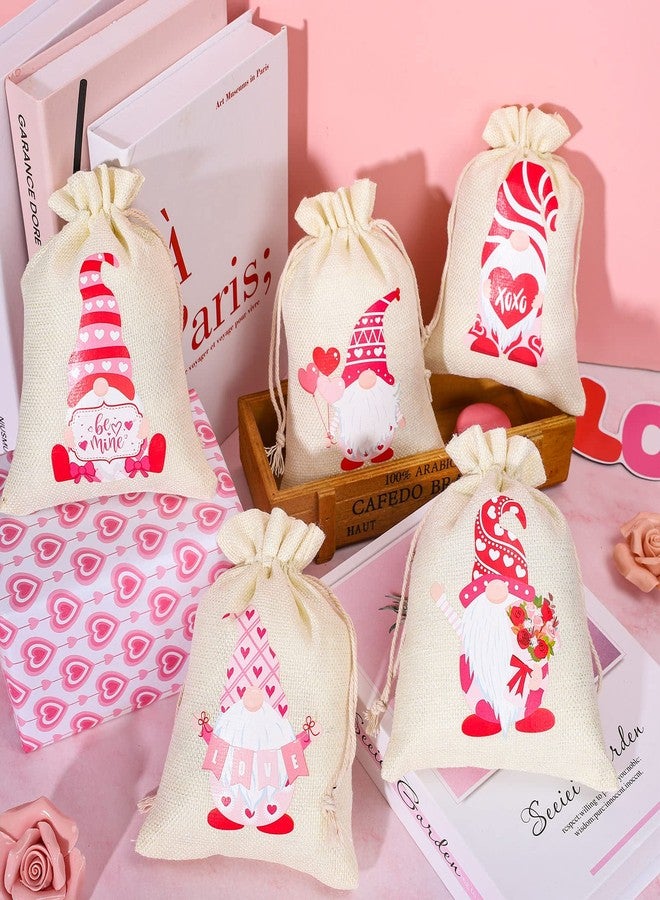 Whaline 24Pcs Valentine's Day Burlap Gift Bags Pink Gnome Pattern Drawstring Candy Bags Rustic Linen Pouches Sacks for Valentine's Day Party Favors Wedding Bridal Shower Supplies, 5 x 7Inch - Image 4